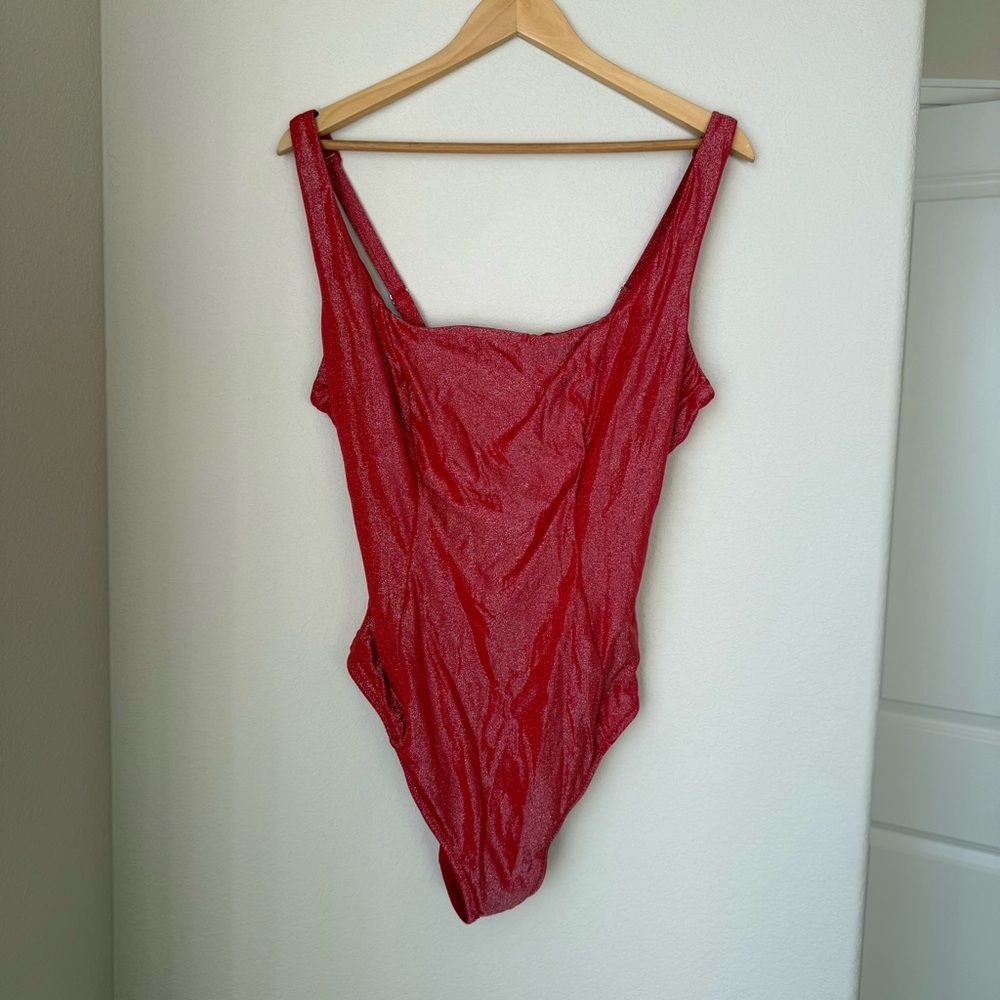 Yitty Shaping Swim Luxe Waist Cinching Shimmered Drop-Red Gorg/Silver Size 2X